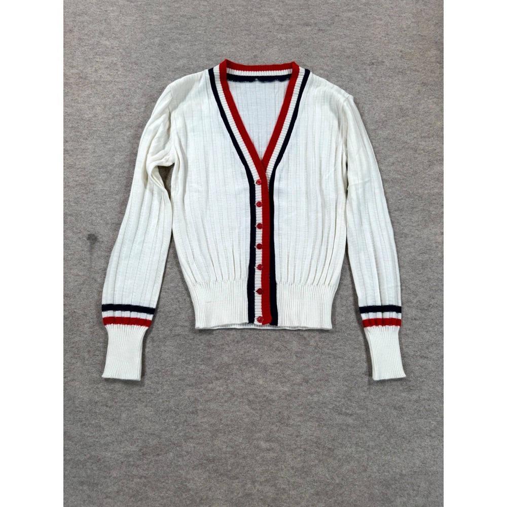 Women Cardigan Sweater Medium White Striped Trim V Neck Knit Button Front Ribbed